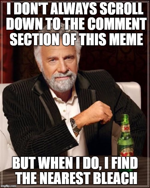 The Most Interesting Man In The World Meme | I DON'T ALWAYS SCROLL DOWN TO THE COMMENT SECTION OF THIS MEME; BUT WHEN I DO, I FIND THE NEAREST BLEACH | image tagged in memes,the most interesting man in the world | made w/ Imgflip meme maker