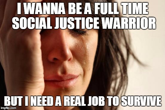 First World Problems | I WANNA BE A FULL TIME SOCIAL JUSTICE WARRIOR; BUT I NEED A REAL JOB TO SURVIVE | image tagged in memes,first world problems | made w/ Imgflip meme maker