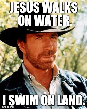 Chuck Norris | JESUS WALKS ON WATER. I SWIM ON LAND. | image tagged in chuck norris | made w/ Imgflip meme maker