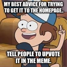 Dipper's advice  | MY BEST ADVICE FOR TRYING TO GET IT TO THE HOMEPAGE.. TELL PEOPLE TO UPVOTE IT IN THE MEME. | image tagged in dipper pines | made w/ Imgflip meme maker