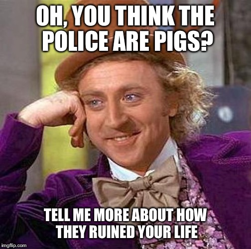 Creepy Condescending Wonka | OH, YOU THINK THE POLICE ARE PIGS? TELL ME MORE ABOUT HOW THEY RUINED YOUR LIFE | image tagged in memes,creepy condescending wonka | made w/ Imgflip meme maker