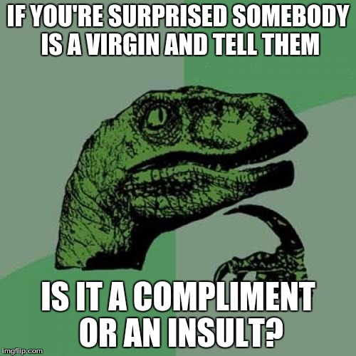 This is a question I've had since seventh grade | IF YOU'RE SURPRISED SOMEBODY IS A VIRGIN AND TELL THEM; IS IT A COMPLIMENT OR AN INSULT? | image tagged in memes,philosoraptor,virgin,virginity | made w/ Imgflip meme maker