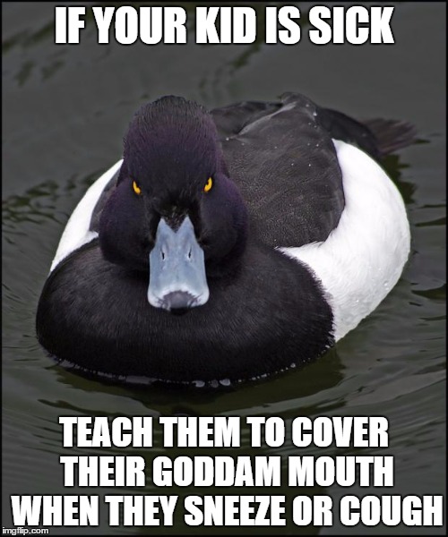 Angry duck | IF YOUR KID IS SICK; TEACH THEM TO COVER THEIR GODDAM MOUTH WHEN THEY SNEEZE OR COUGH | image tagged in angry duck,AdviceAnimals | made w/ Imgflip meme maker