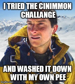 Bear Grylls Meme | I TRIED THE CINIMMON CHALLANGE AND WASHED IT DOWN WITH MY OWN PEE | image tagged in memes,bear grylls | made w/ Imgflip meme maker