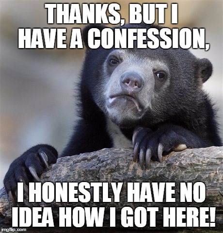 Confession Bear Meme | THANKS, BUT I HAVE A CONFESSION, I HONESTLY HAVE NO IDEA HOW I GOT HERE! | image tagged in memes,confession bear | made w/ Imgflip meme maker