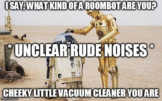 R2D2 & C3PO |  I SAY, WHAT KIND OF A ROOMBOT ARE YOU? * UNCLEAR RUDE NOISES *; CHEEKY LITTLE VACUUM CLEANER YOU ARE | image tagged in r2d2  c3po | made w/ Imgflip meme maker