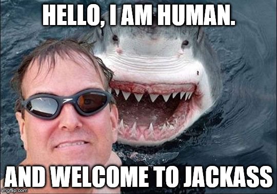 HELLO, I AM HUMAN. AND WELCOME TO JACKASS | image tagged in jackass | made w/ Imgflip meme maker