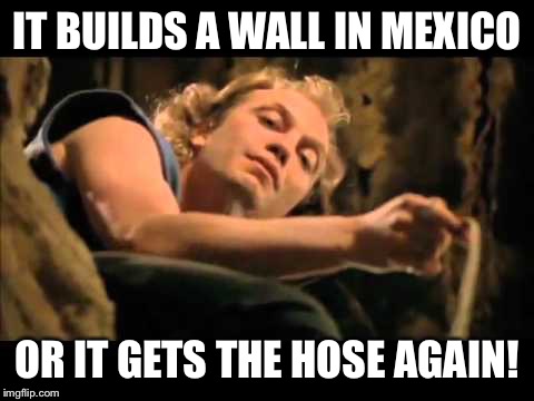 Buffalo Bill Boss | IT BUILDS A WALL IN MEXICO; OR IT GETS THE HOSE AGAIN! | image tagged in buffalo bill boss | made w/ Imgflip meme maker