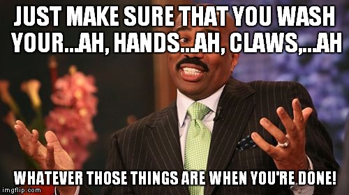 Steve Harvey Meme | JUST MAKE SURE THAT YOU WASH YOUR...AH, HANDS...AH, CLAWS,...AH WHATEVER THOSE THINGS ARE WHEN YOU'RE DONE! | image tagged in memes,steve harvey | made w/ Imgflip meme maker