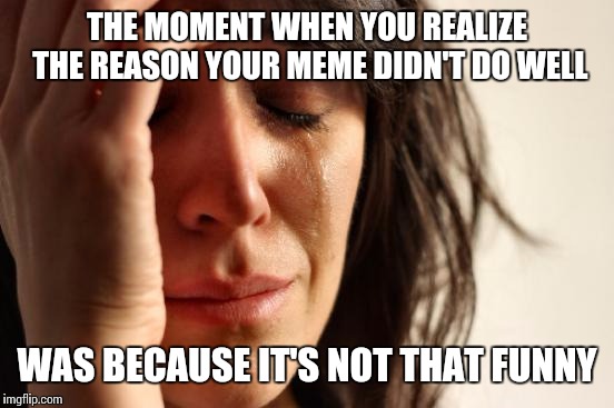 First World Problems | THE MOMENT WHEN YOU REALIZE THE REASON YOUR MEME DIDN'T DO WELL; WAS BECAUSE IT'S NOT THAT FUNNY | image tagged in memes,first world problems | made w/ Imgflip meme maker