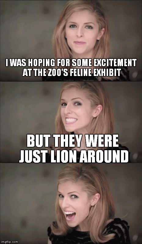 They're cool cats, you know! | I WAS HOPING FOR SOME EXCITEMENT AT THE ZOO'S FELINE EXHIBIT; BUT THEY WERE JUST LION AROUND | image tagged in memes,bad pun anna kendrick,zoo,lion,felines | made w/ Imgflip meme maker
