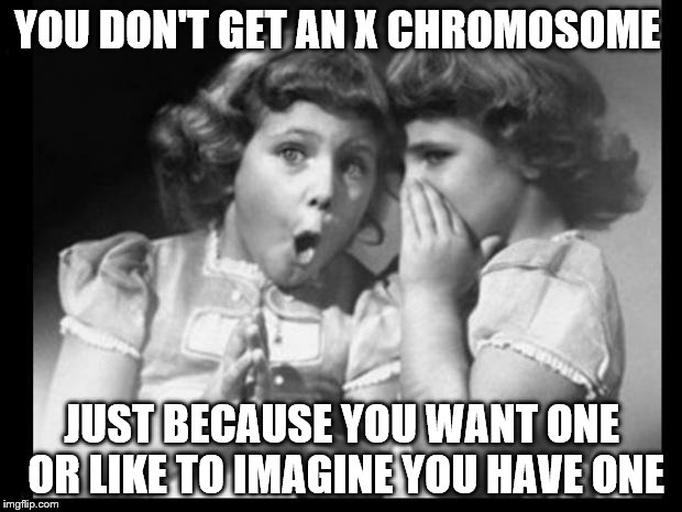 Psst I'll let you in on a secret | YOU DON'T GET AN X CHROMOSOME JUST BECAUSE YOU WANT ONE OR LIKE TO IMAGINE YOU HAVE ONE | image tagged in psst i'll let you in on a secret | made w/ Imgflip meme maker