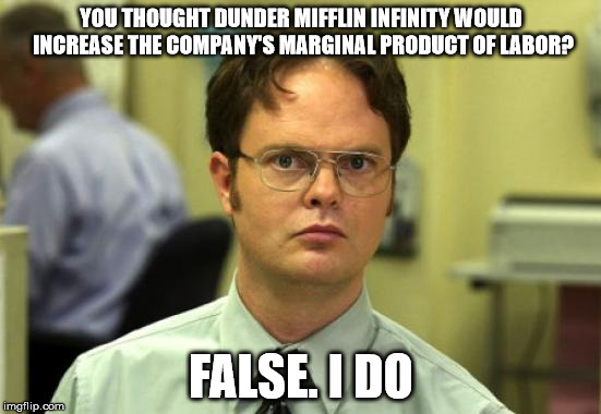 Dwight Schrute | YOU THOUGHT DUNDER MIFFLIN INFINITY WOULD INCREASE THE COMPANY'S MARGINAL PRODUCT OF LABOR? FALSE. I DO | image tagged in memes,dwight schrute | made w/ Imgflip meme maker