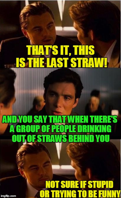 Inception Meme | THAT'S IT, THIS IS THE LAST STRAW! AND YOU SAY THAT WHEN THERE'S A GROUP OF PEOPLE DRINKING OUT OF STRAWS BEHIND YOU; NOT SURE IF STUPID OR TRYING TO BE FUNNY | image tagged in memes,inception,straw,stupid,futurama fry,funny | made w/ Imgflip meme maker