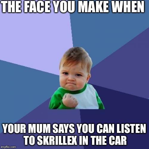 Success Kid | THE FACE YOU MAKE WHEN; YOUR MUM SAYS YOU CAN LISTEN TO SKRILLEX IN THE CAR | image tagged in memes,success kid | made w/ Imgflip meme maker