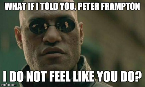 Matrix Morpheus | WHAT IF I TOLD YOU, PETER FRAMPTON; I DO NOT FEEL LIKE YOU DO? | image tagged in memes,matrix morpheus | made w/ Imgflip meme maker