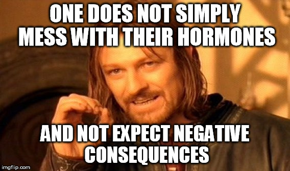 One Does Not Simply Meme | ONE DOES NOT SIMPLY MESS WITH THEIR HORMONES AND NOT EXPECT NEGATIVE CONSEQUENCES | image tagged in memes,one does not simply | made w/ Imgflip meme maker