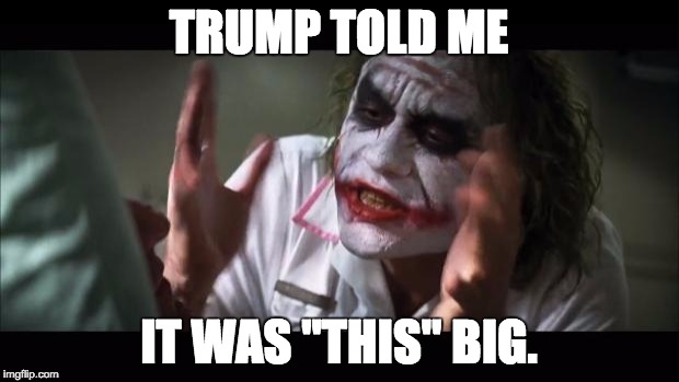 And everybody loses their minds | TRUMP TOLD ME; IT WAS "THIS" BIG. | image tagged in memes,and everybody loses their minds | made w/ Imgflip meme maker