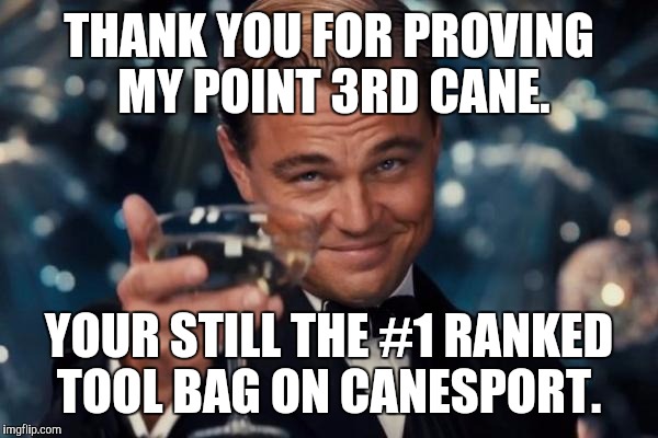 Leonardo Dicaprio Cheers Meme | THANK YOU FOR PROVING MY POINT 3RD CANE. YOUR STILL THE #1 RANKED TOOL BAG ON CANESPORT. | image tagged in memes,leonardo dicaprio cheers | made w/ Imgflip meme maker