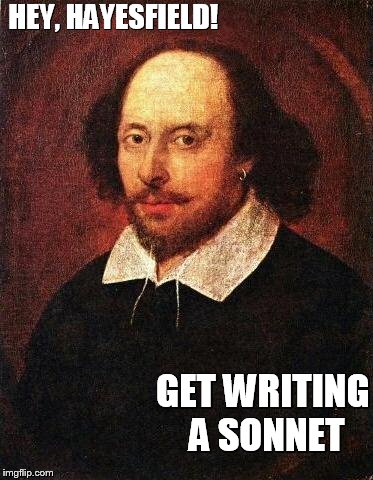 Shakespeare | HEY, HAYESFIELD! GET WRITING A SONNET | image tagged in shakespeare | made w/ Imgflip meme maker