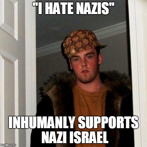 They Just Repeat What Others Says. Pathetic Hypocrites | "I HATE NAZIS"; INHUMANLY SUPPORTS NAZI ISRAEL | image tagged in memes,scumbag steve,fuck,israel,nazi,nazis | made w/ Imgflip meme maker
