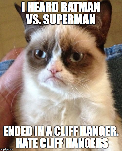 Grumpy Cat | I HEARD BATMAN VS. SUPERMAN; ENDED IN A CLIFF HANGER. HATE CLIFF HANGERS | image tagged in memes,grumpy cat | made w/ Imgflip meme maker