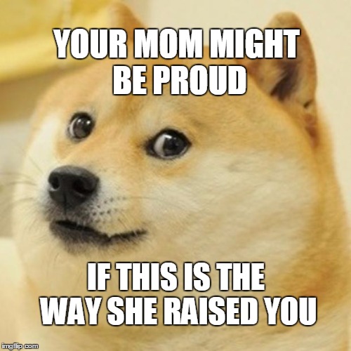 Doge Meme | YOUR MOM MIGHT BE PROUD IF THIS IS THE WAY SHE RAISED YOU | image tagged in memes,doge | made w/ Imgflip meme maker