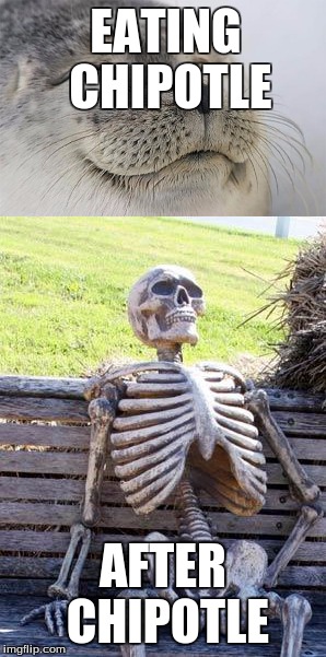 EATING CHIPOTLE; AFTER CHIPOTLE | image tagged in memes,fuuny,satisfied seal,waiting skeleton,skeleton | made w/ Imgflip meme maker