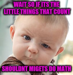 Skeptical Baby Meme | WAIT SO IF ITS THE LITTLE THINGS THAT COUNT; SHOULDNT MIGETS DO MATH | image tagged in memes,skeptical baby | made w/ Imgflip meme maker