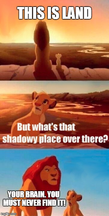 Simba Shadowy Place | THIS IS LAND; YOUR BRAIN. YOU MUST NEVER FIND IT! | image tagged in memes,simba shadowy place | made w/ Imgflip meme maker