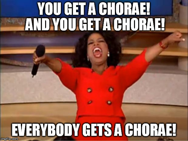 Oprah You Get A Meme | YOU GET A CHORAE! AND YOU GET A CHORAE! EVERYBODY GETS A CHORAE! | image tagged in memes,oprah you get a | made w/ Imgflip meme maker