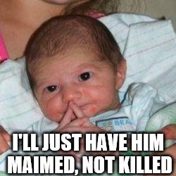 Decisions, decisions... | I'LL JUST HAVE HIM MAIMED, NOT KILLED | image tagged in how do i put this baby,memes | made w/ Imgflip meme maker