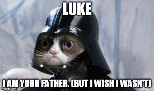 Grumpy Cat Star Wars | LUKE; I AM YOUR FATHER. (BUT I WISH I WASN'T) | image tagged in memes,grumpy cat star wars,grumpy cat | made w/ Imgflip meme maker