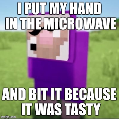 Purple Shep | I PUT MY HAND IN THE MICROWAVE; AND BIT IT BECAUSE IT WAS TASTY | image tagged in minecraft,shep | made w/ Imgflip meme maker