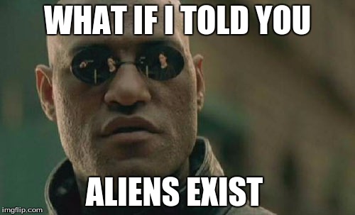 Matrix Morpheus Meme | WHAT IF I TOLD YOU; ALIENS EXIST | image tagged in memes,matrix morpheus | made w/ Imgflip meme maker
