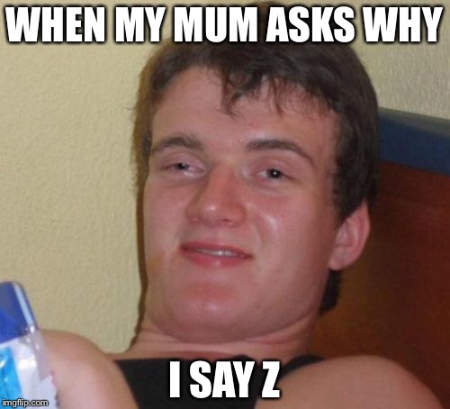 10 Guy | WHEN MY MUM ASKS WHY; I SAY Z | image tagged in memes,10 guy | made w/ Imgflip meme maker