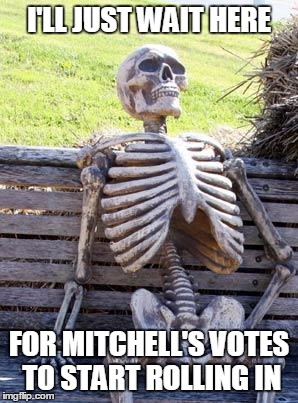 Waiting Skeleton | I'LL JUST WAIT HERE; FOR MITCHELL'S VOTES TO START ROLLING IN | image tagged in memes,waiting skeleton | made w/ Imgflip meme maker