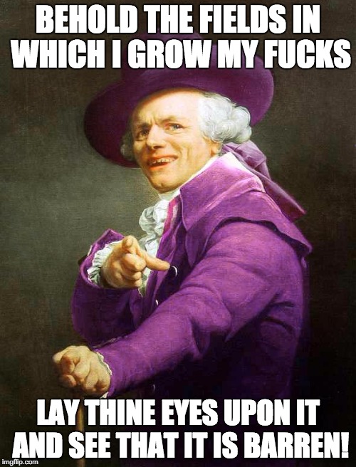 No Fucks Given | BEHOLD THE FIELDS IN WHICH I GROW MY FUCKS; LAY THINE EYES UPON IT AND SEE THAT IT IS BARREN! | image tagged in joseph ducreux on da purp | made w/ Imgflip meme maker