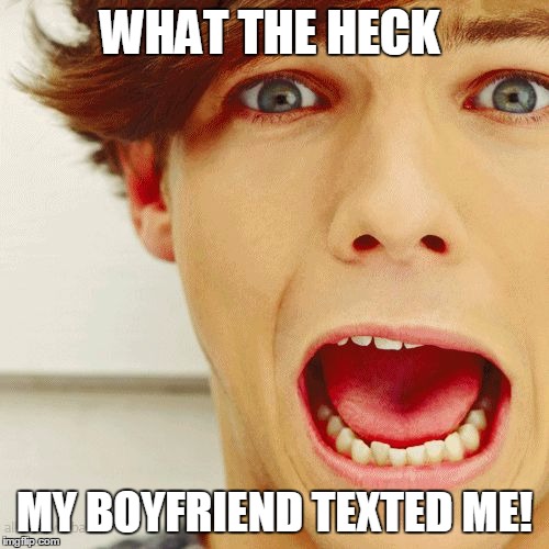 WHAT THE HECK; MY BOYFRIEND TEXTED ME! | image tagged in 1d | made w/ Imgflip meme maker