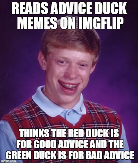 Bad Luck Brian Meme | READS ADVICE DUCK MEMES ON IMGFLIP THINKS THE RED DUCK IS FOR GOOD ADVICE AND THE GREEN DUCK IS FOR BAD ADVICE | image tagged in memes,bad luck brian | made w/ Imgflip meme maker