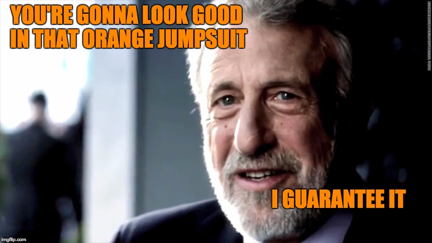 YOU'RE GONNA LOOK GOOD IN THAT ORANGE JUMPSUIT; I GUARANTEE IT | image tagged in memes | made w/ Imgflip meme maker