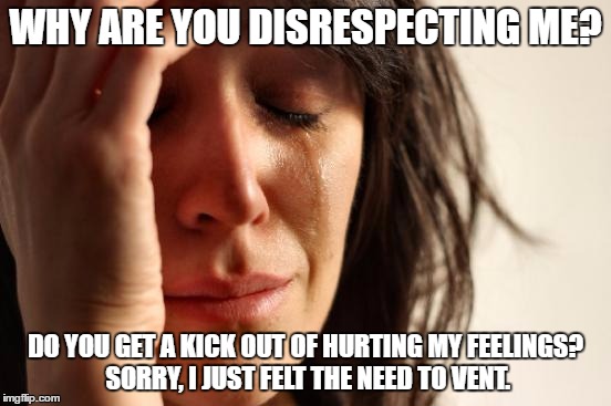 First World Problems Meme | WHY ARE YOU DISRESPECTING ME? DO YOU GET A KICK OUT OF HURTING MY FEELINGS? SORRY, I JUST FELT THE NEED TO VENT. | image tagged in memes,first world problems | made w/ Imgflip meme maker