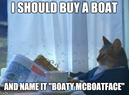 I Should Buy A Boat Cat | I SHOULD BUY A BOAT; AND NAME IT "BOATY MCBOATFACE" | image tagged in memes,i should buy a boat cat | made w/ Imgflip meme maker