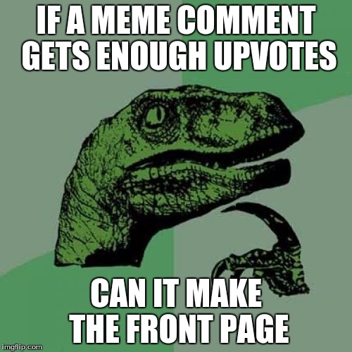 Philosoraptor | IF A MEME COMMENT GETS ENOUGH UPVOTES; CAN IT MAKE THE FRONT PAGE | image tagged in memes,philosoraptor | made w/ Imgflip meme maker