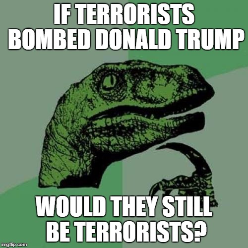 Philosoraptor | IF TERRORISTS BOMBED DONALD TRUMP; WOULD THEY STILL BE TERRORISTS? | image tagged in memes,philosoraptor | made w/ Imgflip meme maker