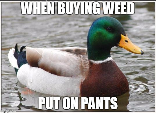 Actual Advice Mallard | WHEN BUYING WEED; PUT ON PANTS | image tagged in memes,actual advice mallard | made w/ Imgflip meme maker