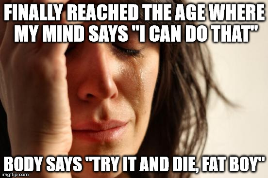 First World Problems | FINALLY REACHED THE AGE WHERE MY MIND SAYS "I CAN DO THAT"; BODY SAYS "TRY IT AND DIE, FAT BOY" | image tagged in memes,first world problems | made w/ Imgflip meme maker
