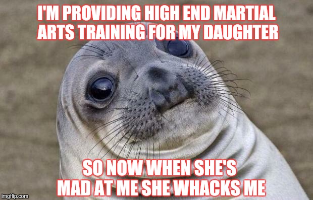I love my kid...but I didn't expect this...! :-) | I'M PROVIDING HIGH END MARTIAL ARTS TRAINING FOR MY DAUGHTER; SO NOW WHEN SHE'S MAD AT ME SHE WHACKS ME | image tagged in memes,awkward moment sealion,father,teenagers,martial arts | made w/ Imgflip meme maker