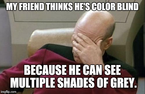 Captain Picard Facepalm Meme | MY FRIEND THINKS HE'S COLOR BLIND; BECAUSE HE CAN SEE MULTIPLE SHADES OF GREY. | image tagged in memes,captain picard facepalm | made w/ Imgflip meme maker