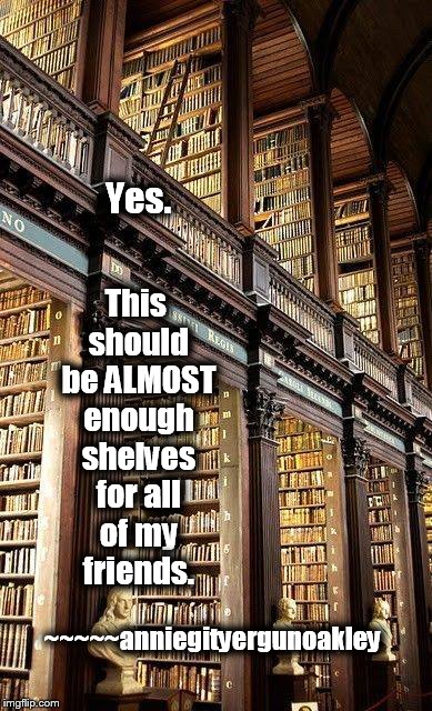 Books.  There NEVER can be too many . . . | This should be ALMOST enough shelves for all of my friends. Yes. ~~~~~anniegityergunoakley | image tagged in memes,books,old books,library | made w/ Imgflip meme maker